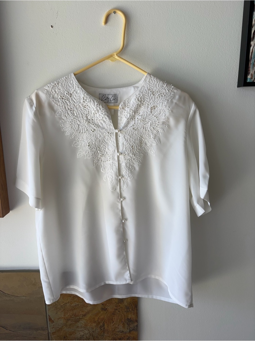 Kathy Che Vintage Embroidered/Beaded V-Neck Short Sleeved Blouse